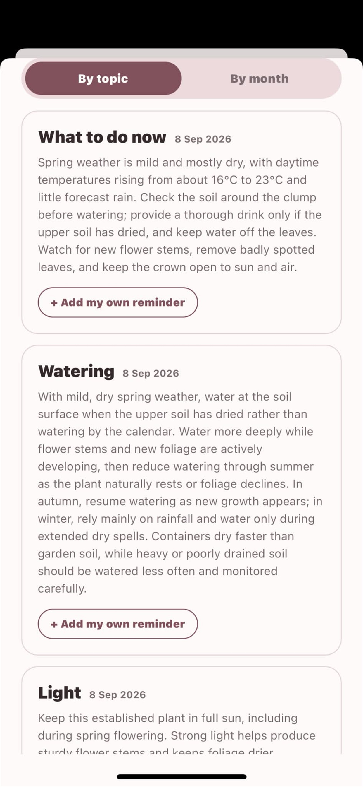 GardenYeah local care guide with seasonal watering and light advice